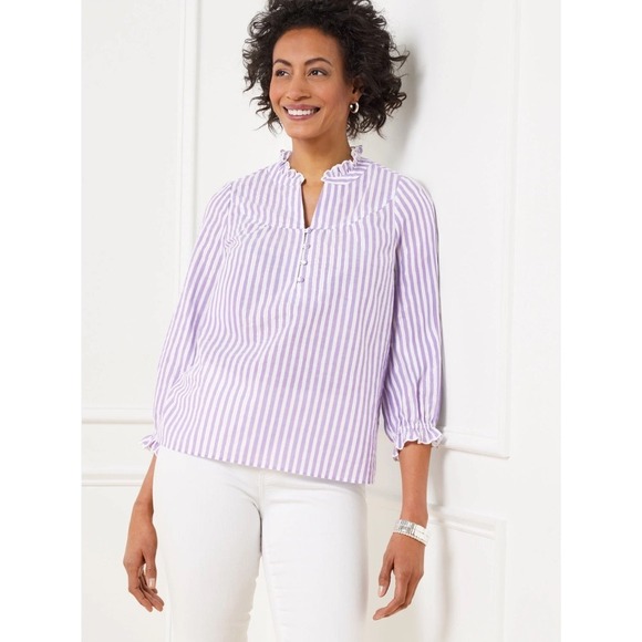 NWT Talbots Plus 1X purple stripe Ruffle Collar 1/2 Button Popover lightweight - Picture 1 of 10